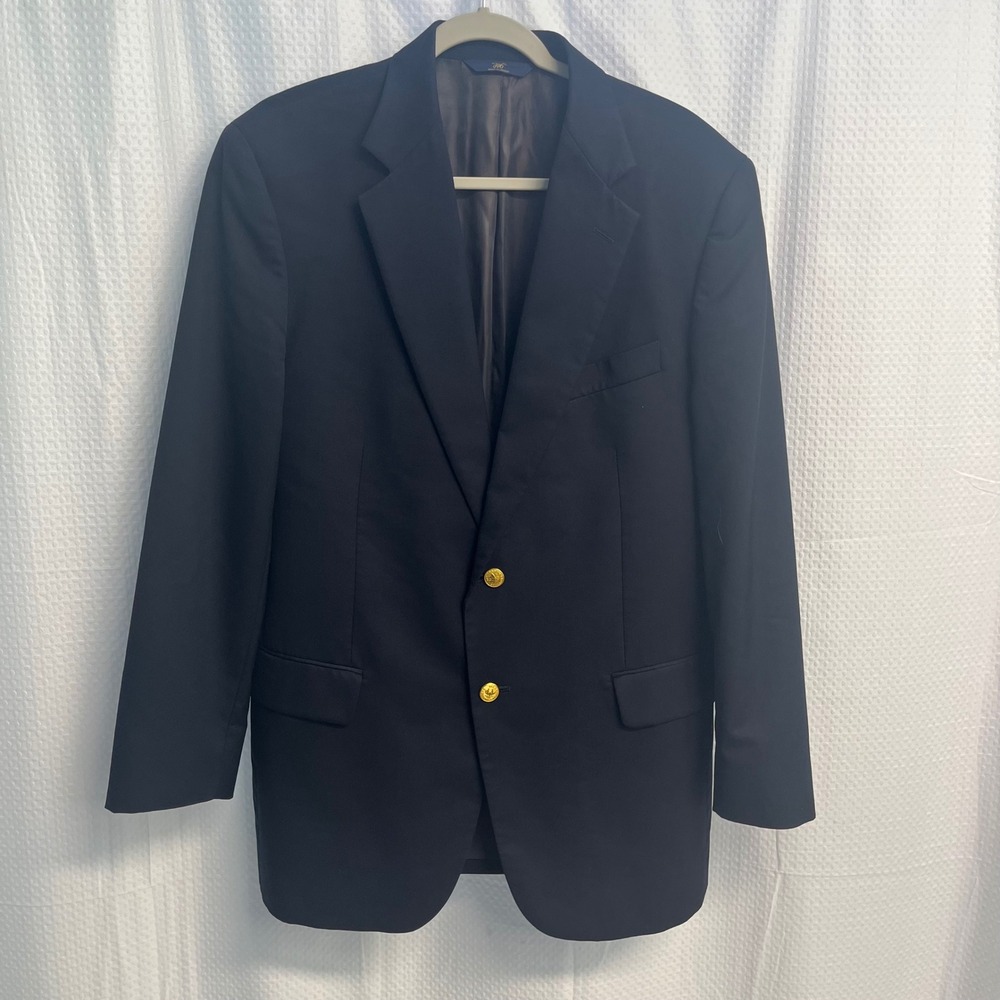 Brooks Brothers 346 Mens Navy Blue 100% Wool Blazer Gold Crest Buttons 41R